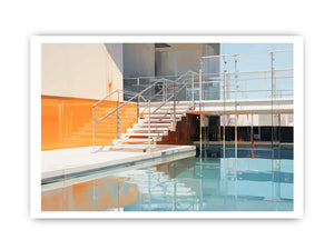 Modern pool staircase canvas art with blue water and orange architectural accents.