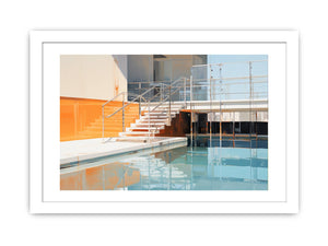 Modern pool staircase canvas art with blue water and orange architectural accents.