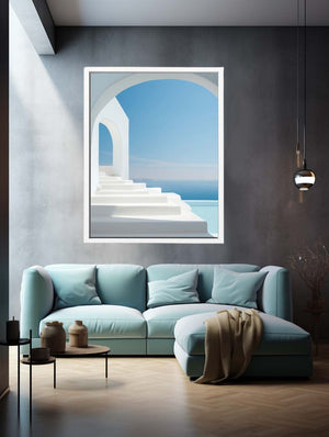 Santorini white steps and blue sea canvas art for Mediterranean decor.