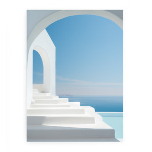 Santorini white steps and blue sea canvas art for Mediterranean decor.