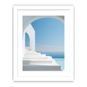 Santorini white steps and blue sea canvas art for Mediterranean decor.