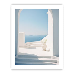 White Mediterranean archway with ocean view canvas art for serene coastal room decor.