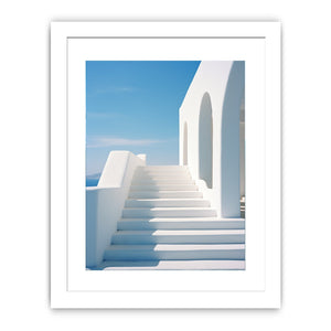 White Santorini steps and archway canvas art for coastal modern hallway or living room decor.