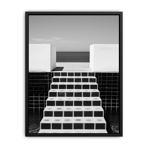 Black and white tiled sea steps canvas art for modern architectural office or hallway decor.