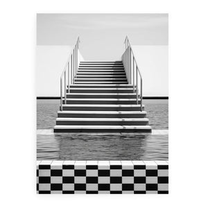 Symmetrical black and white stairway canvas art with water reflections for modern decor.