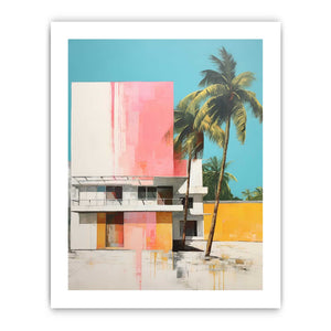 Colorful tropical house with palm trees canvas art for mid century modern living room decor.
