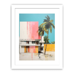 Colorful tropical house with palm trees canvas art for mid century modern living room decor.