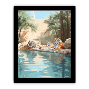 Three tigers by a tropical pool canvas art for eclectic luxury living room decor.