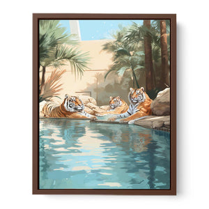Three tigers by a tropical pool canvas art for eclectic luxury living room decor.