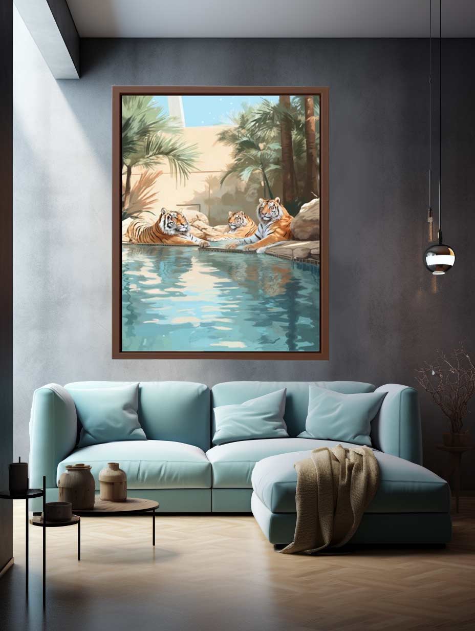 Three tigers by a tropical pool canvas art for eclectic luxury living room decor.