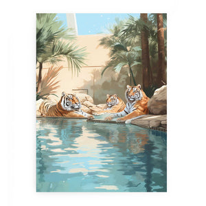 Three tigers by a tropical pool canvas art for eclectic luxury living room decor.