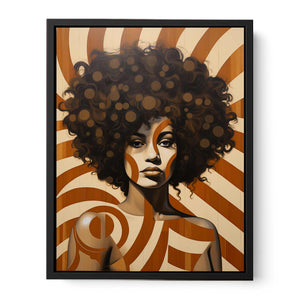 Retro woman portrait canvas art with curly hair and warm geometric patterns for stylish decor.