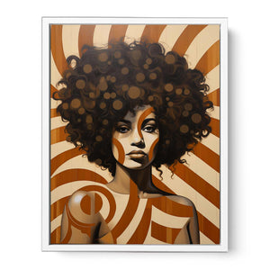 Retro woman portrait canvas art with curly hair and warm geometric patterns for stylish decor.