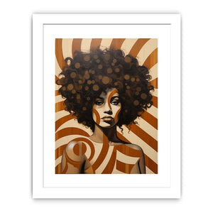 Retro woman portrait canvas art with curly hair and warm geometric patterns for stylish decor.