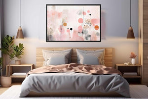 Soft blush abstract botanical canvas art for wide modern living room or bedroom wall decor.