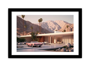 Mid century desert house canvas art with palms, mountains, and pink vintage car for modern decor.