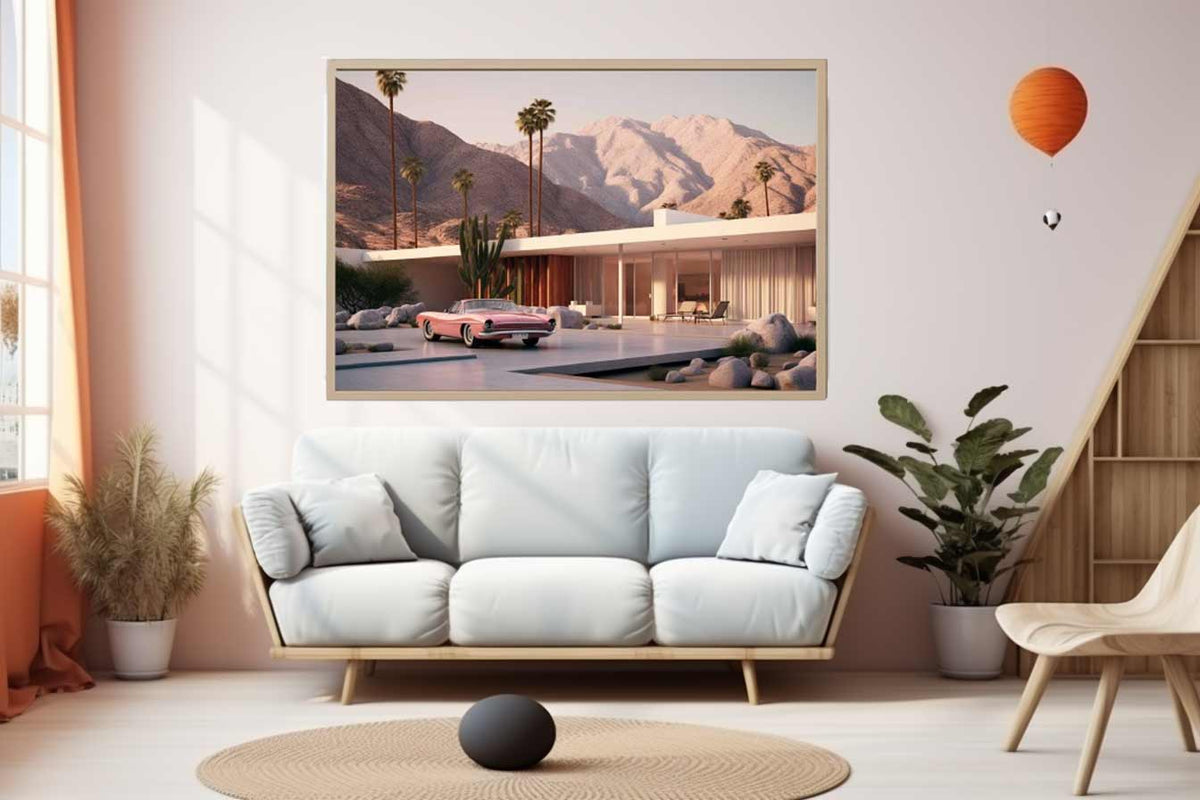 Mid century desert house canvas art with palms, mountains, and pink vintage car for modern decor.