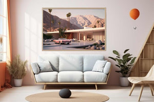 Mid century desert house canvas art with palms, mountains, and pink vintage car for modern decor.