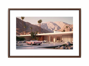 Mid century desert house canvas art with palms, mountains, and pink vintage car for modern decor.