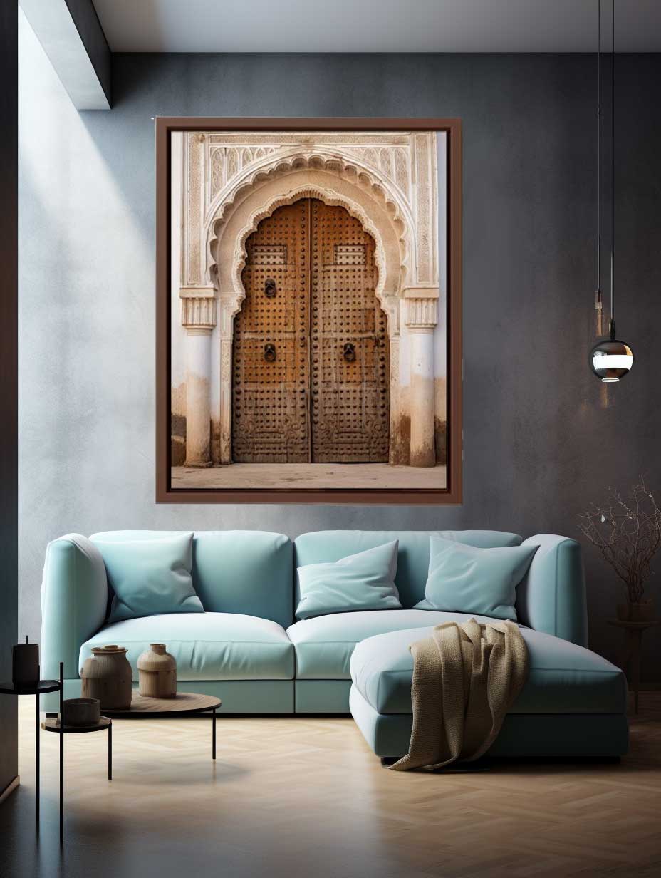 Moroccan wooden door canvas art with ornate carved arches for timeless hallway decor.