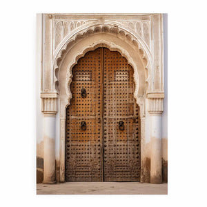Moroccan wooden door canvas art with ornate carved arches for timeless hallway decor.