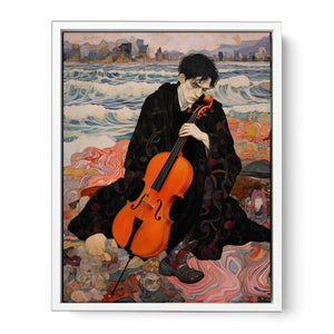 Figurative cello musician canvas art with ocean waves for expressive living room decor.