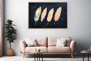 Pastel boho feather canvas art on navy background for calm bedroom and nursery decor.