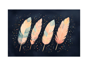 Pastel boho feather canvas art on navy background for calm bedroom and nursery decor.