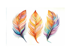 Warm watercolor feather trio canvas art with orange and teal plumes for boho bedroom decor.