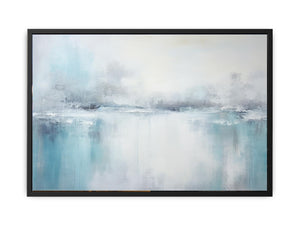 Soft aqua abstract landscape canvas art with misty horizon for calm bedroom decor.