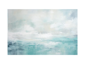 Soft abstract coastal canvas art with aqua sky tones for modern living room decor.