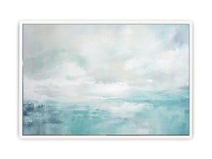 Soft abstract coastal canvas art with aqua sky tones for modern living room decor.