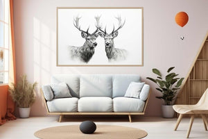 Black and white deer portrait canvas art with twin stags for calm bedroom wall decor.