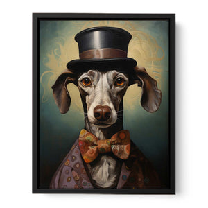 Whimsical dachshund portrait canvas art with top hat and bow tie for eclectic wall decor.