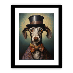 Whimsical dachshund portrait canvas art with top hat and bow tie for eclectic wall decor.