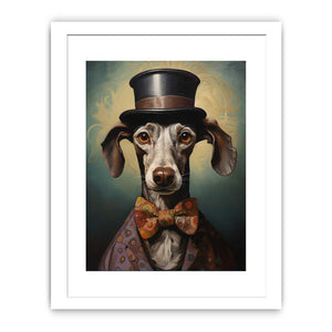 Whimsical dachshund portrait canvas art with top hat and bow tie for eclectic wall decor.