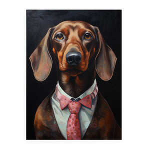 Dachshund portrait canvas art with pink tie and black background for stylish office decor.