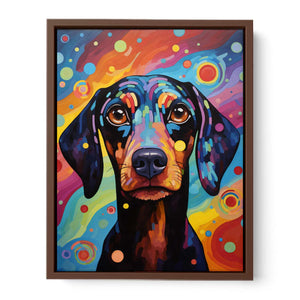 Colorful pop art dachshund canvas print for playful bedroom or creative office decor.