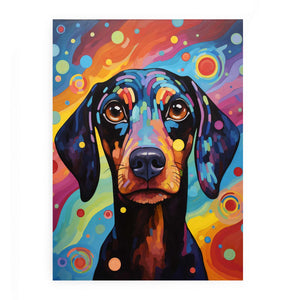Colorful pop art dachshund canvas print for playful bedroom or creative office decor.