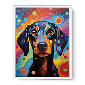 Colorful pop art dachshund canvas print for playful bedroom or creative office decor.