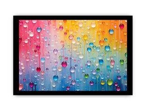 Colorful abstract raindrop canvas art with glossy droplets for bright modern room decor.