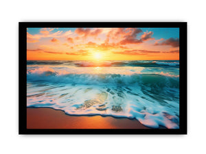 Sunset ocean wave canvas print for coastal living room decor.