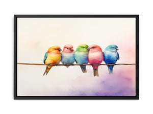 Pastel birds on branch canvas print for nursery and bedroom decor.
