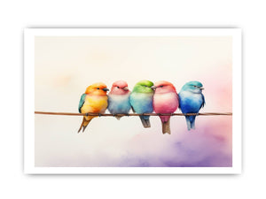 Pastel birds on branch canvas print for nursery and bedroom decor.