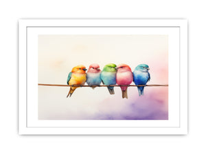 Pastel birds on branch canvas print for nursery and bedroom decor.