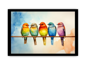 Colorful birds on wire canvas art for bright living room decor.