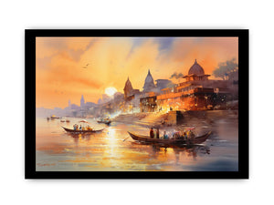 Banaras Ghat sunset watercolor canvas art for spiritual living room decor.