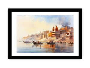Vintage Banaras Ganga watercolor canvas art for elegant living room decor.