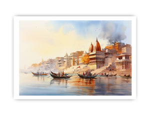 Vintage Banaras Ganga watercolor canvas art for elegant living room decor.