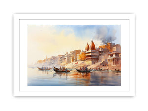 Vintage Banaras Ganga watercolor canvas art for elegant living room decor.